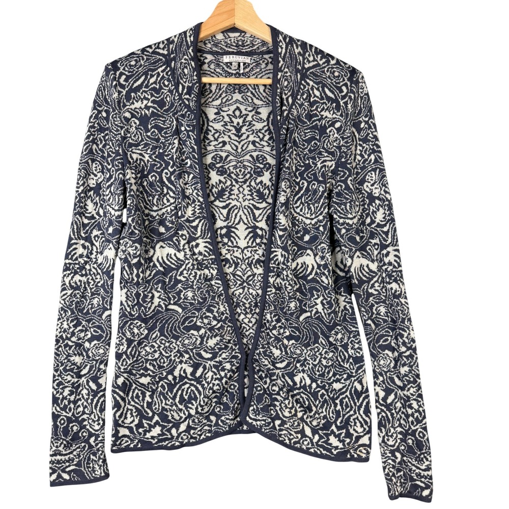 Peruvian Connection Pima Cotton Damask Floral Bird Cardigan Navy Cream Medium